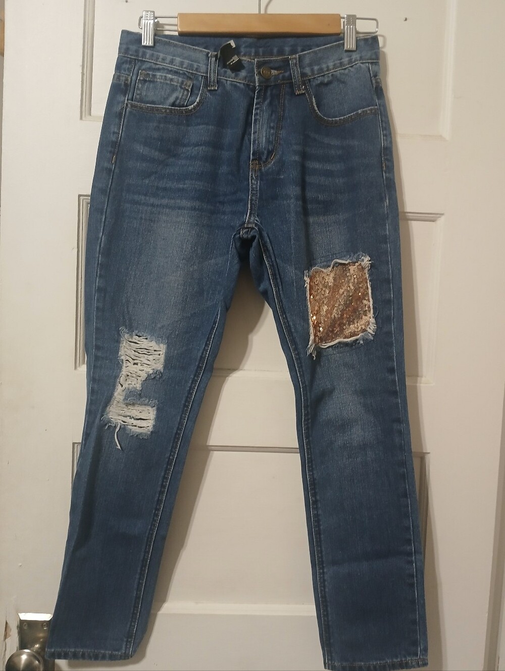 Womens Blue Distressed Jeans with Sequin Patch